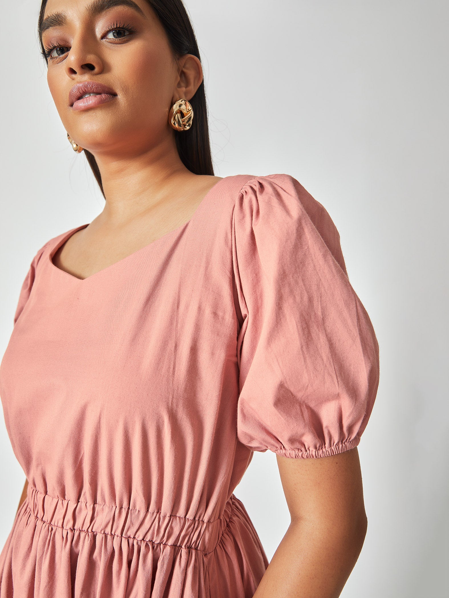 Blush Puff Sleeve Cinched Dress