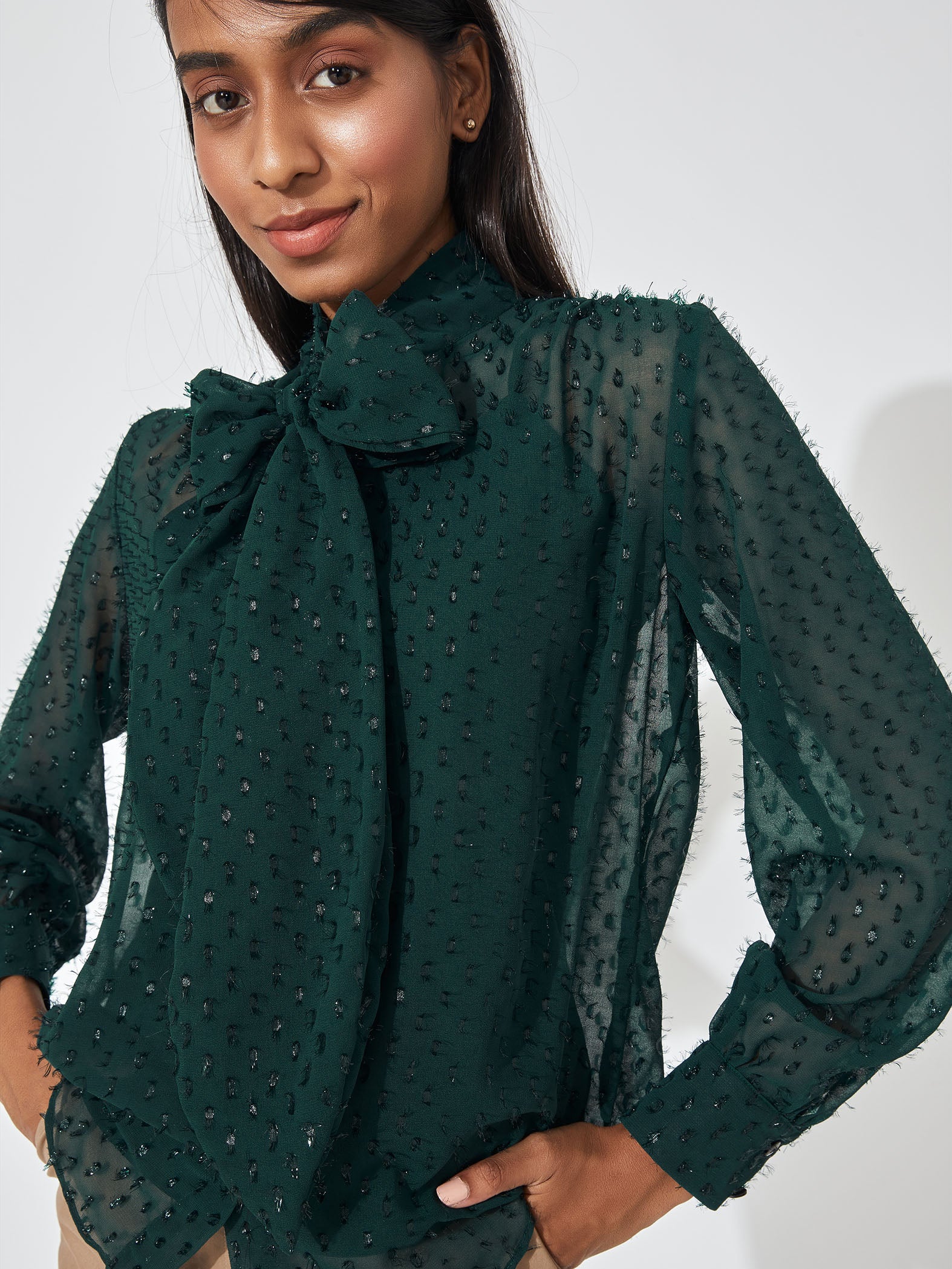 Bottle green Sheer Pussybow Shirt