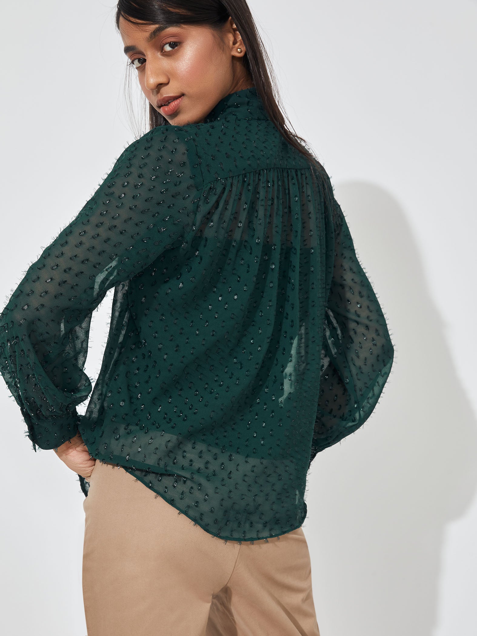 Bottle green Sheer Pussybow Shirt