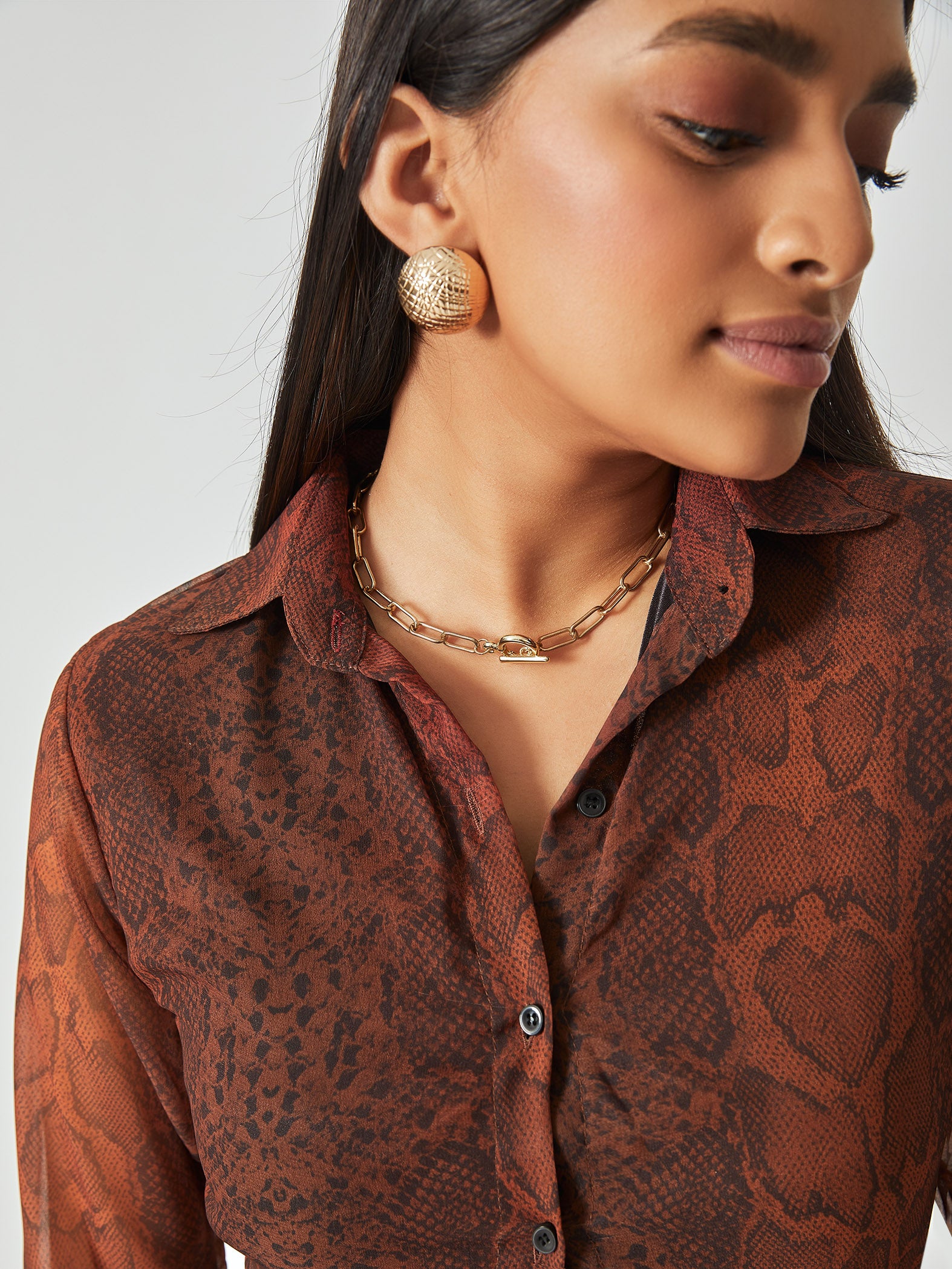 Burnt Orange Snake Print Shirt Dress
