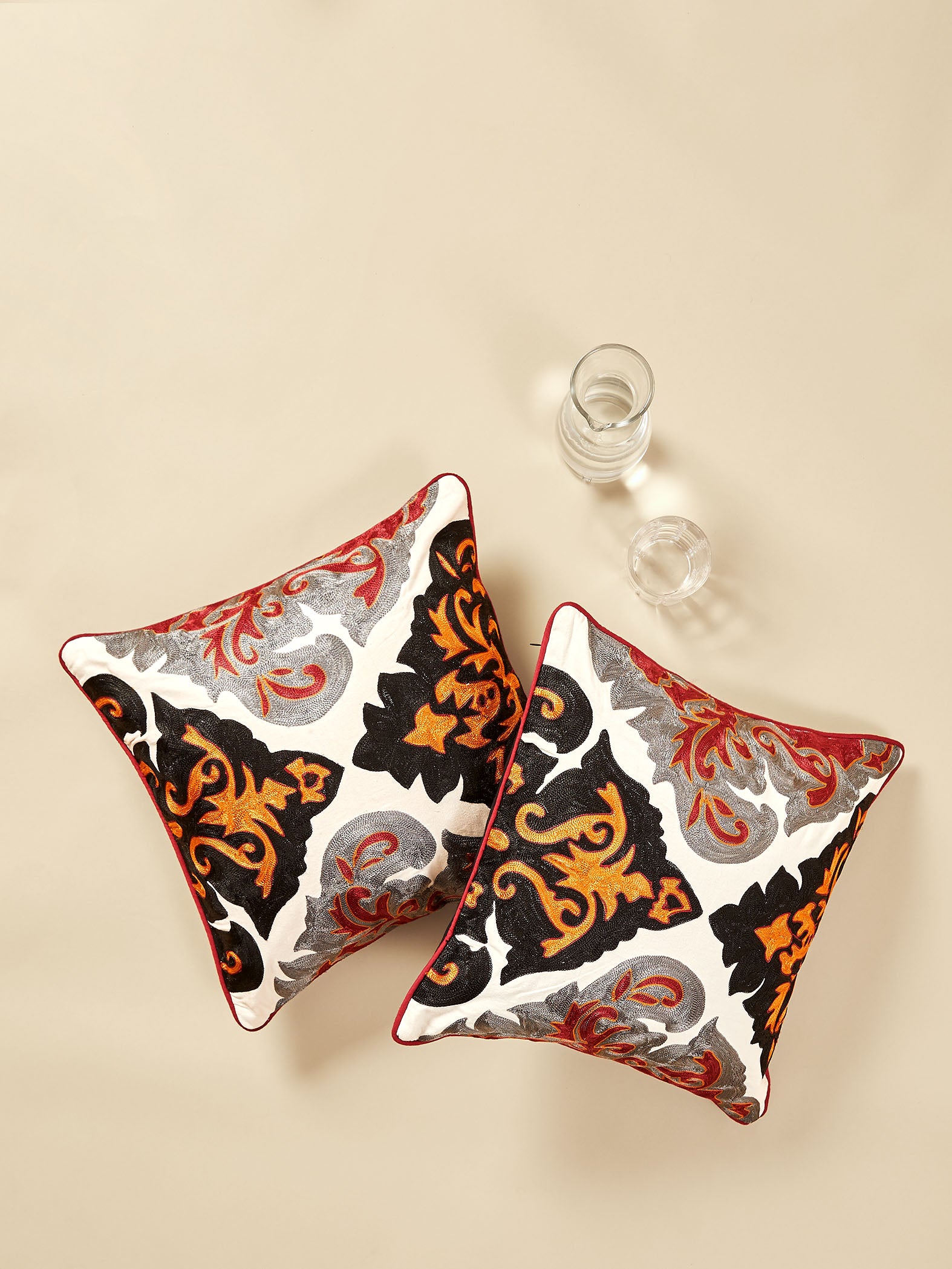 Damask Cotton Piping Cushion Cover Medium