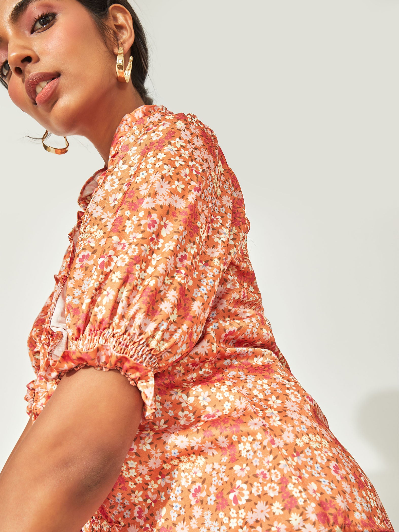 Flame Floral Ruffle Neck Top