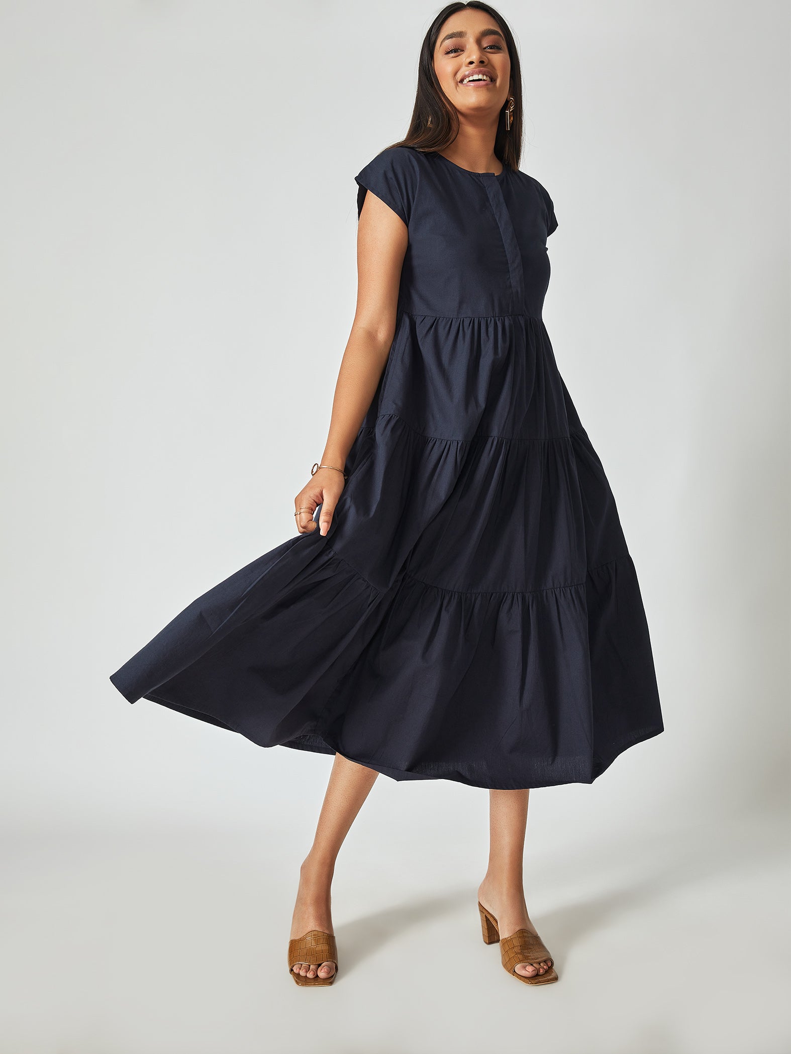 Navy Tiered Midi Dress