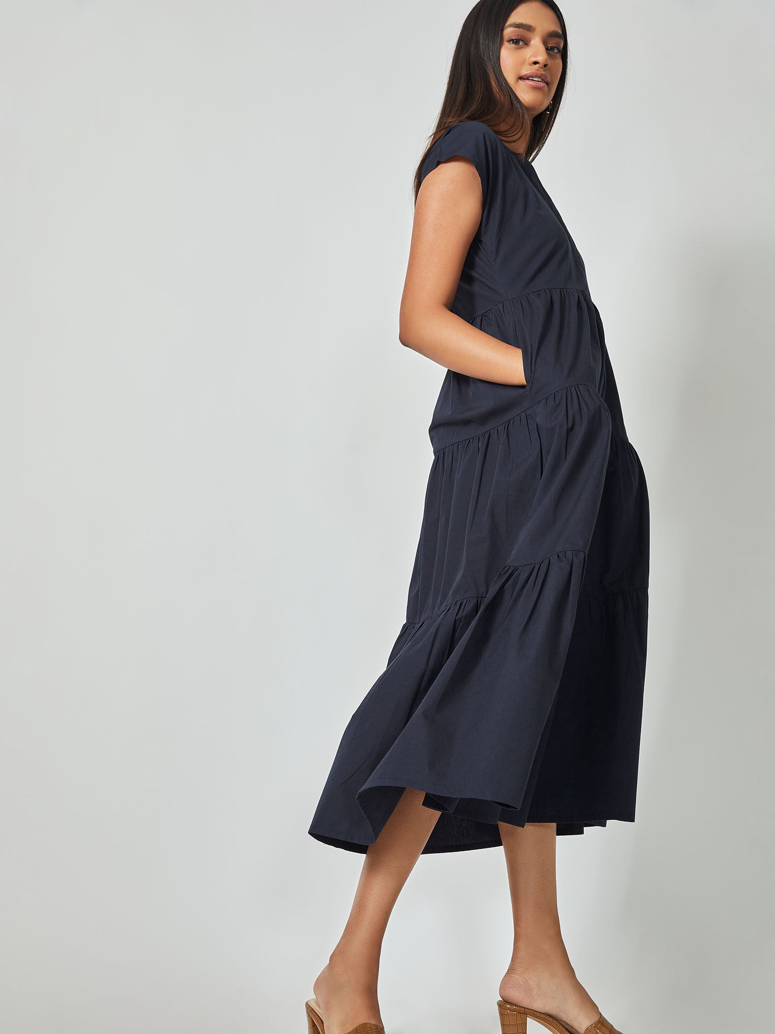Navy Tiered Midi Dress