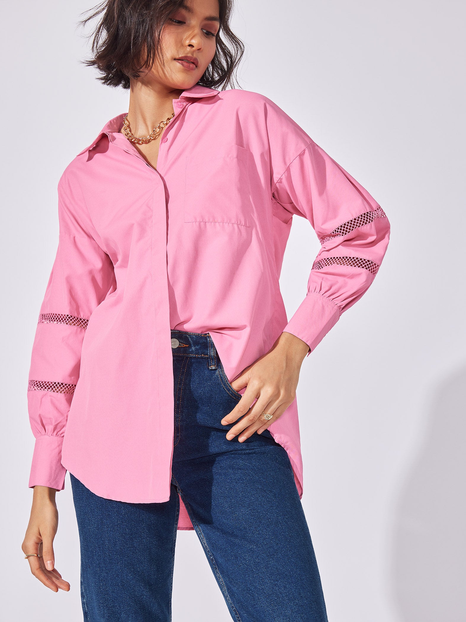 Pink Yoke Lace Insert Shirt