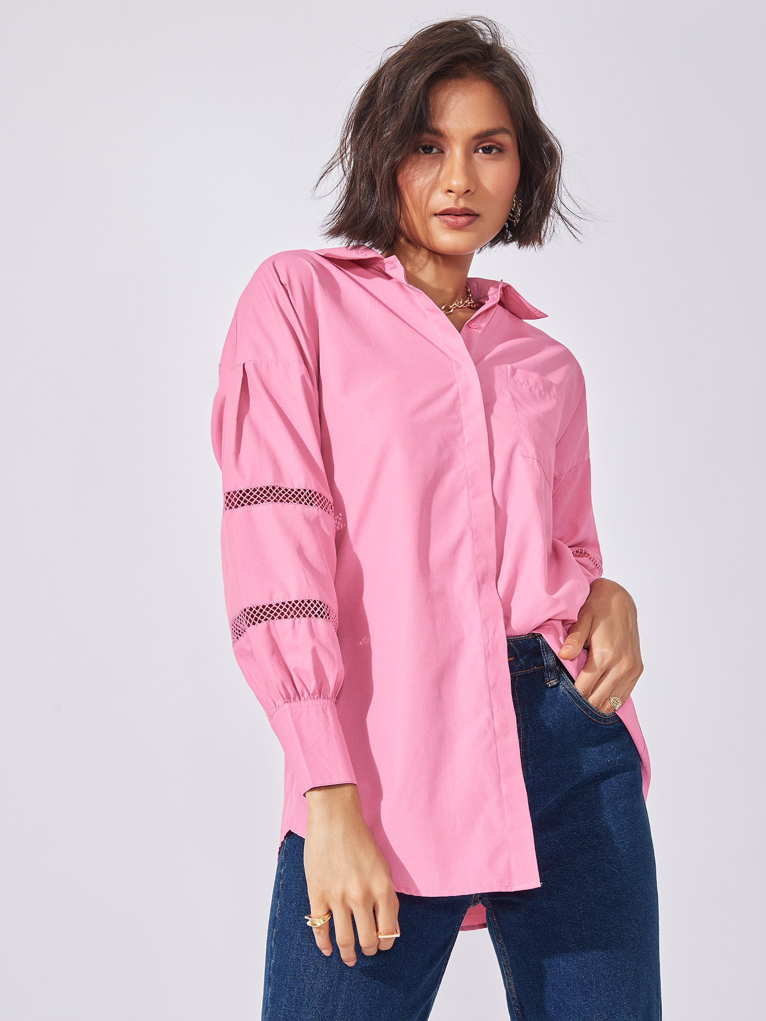 Pink Yoke Lace Insert Shirt