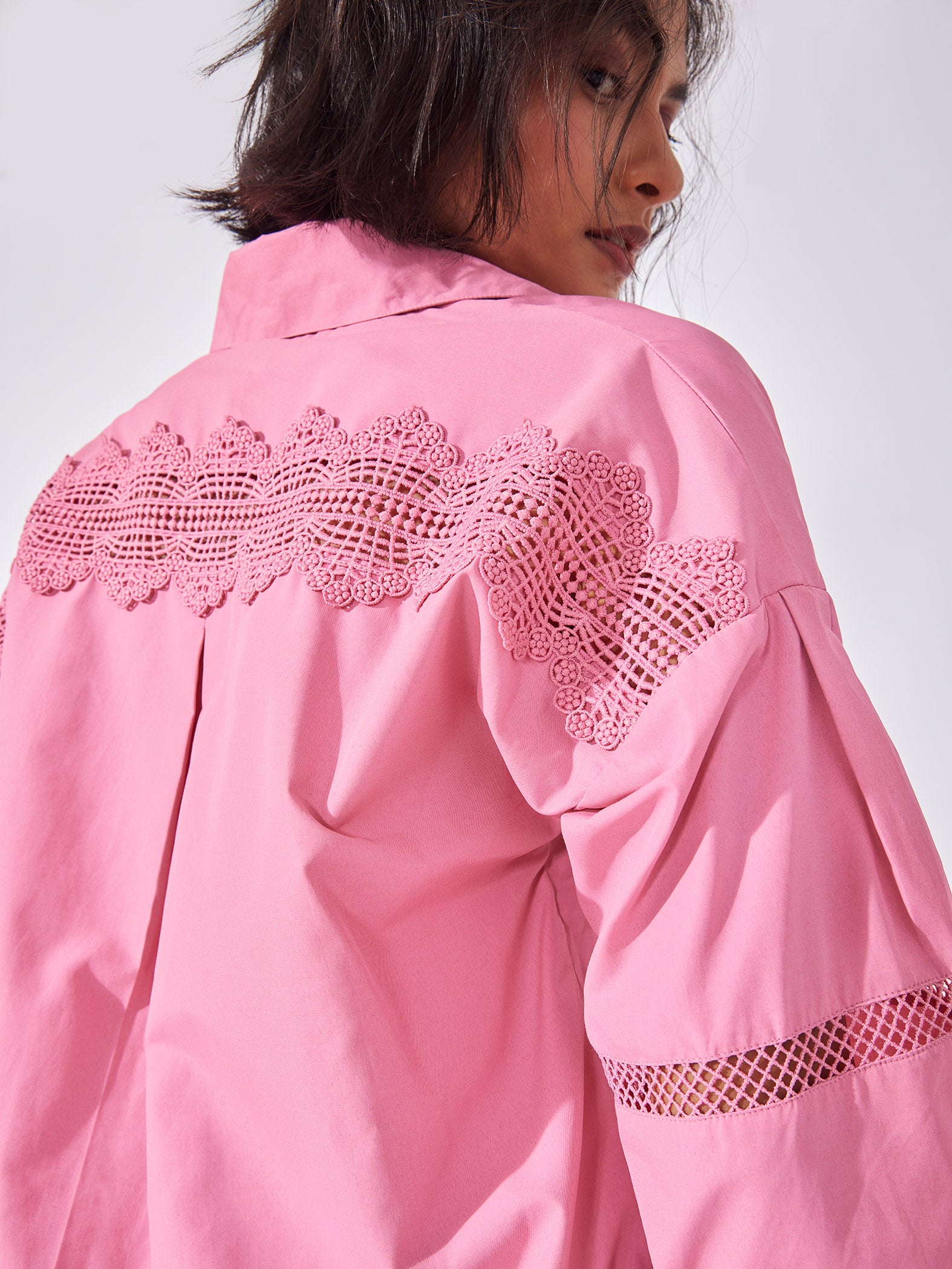 Pink Yoke Lace Insert Shirt