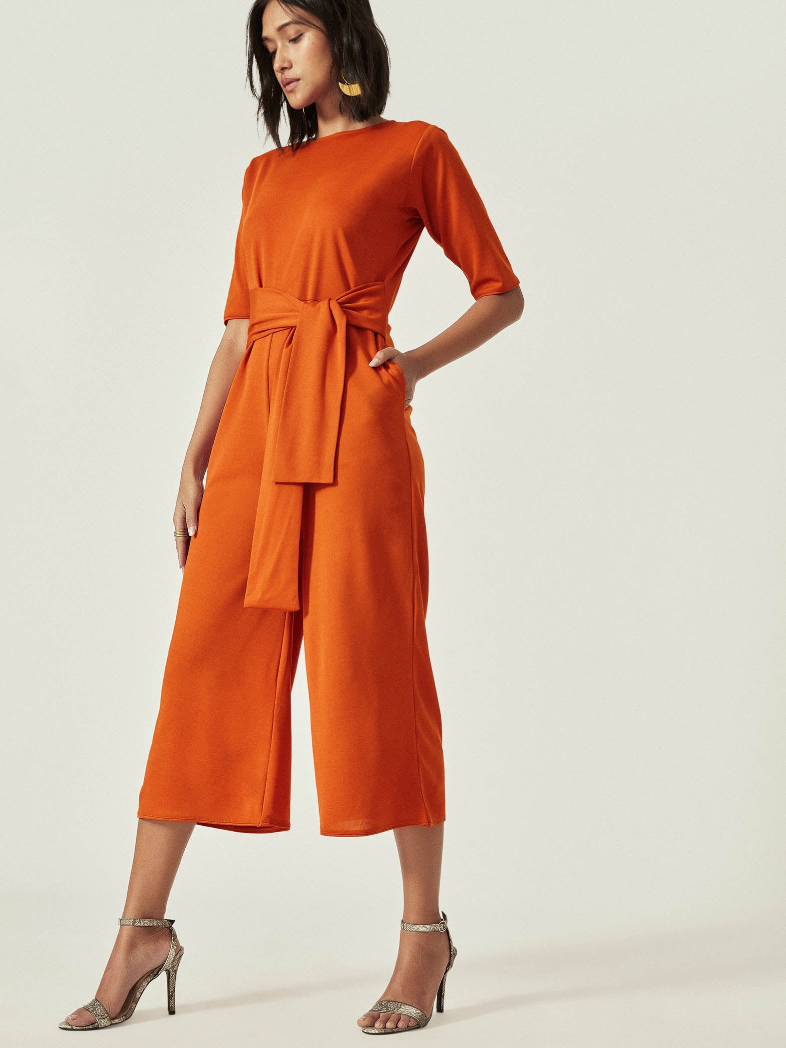 Rust Textured Knit Culotte Jumpsuit