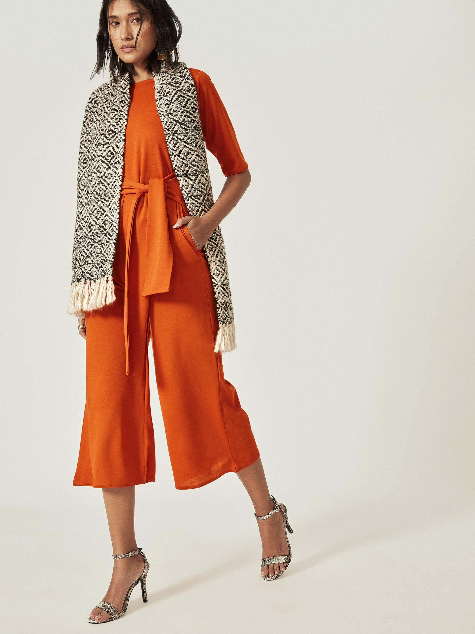 Rust Textured Knit Culotte Jumpsuit