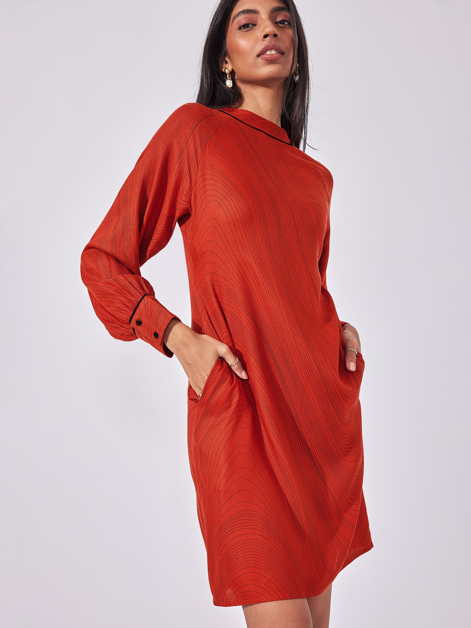 Rust Wave Print Dress