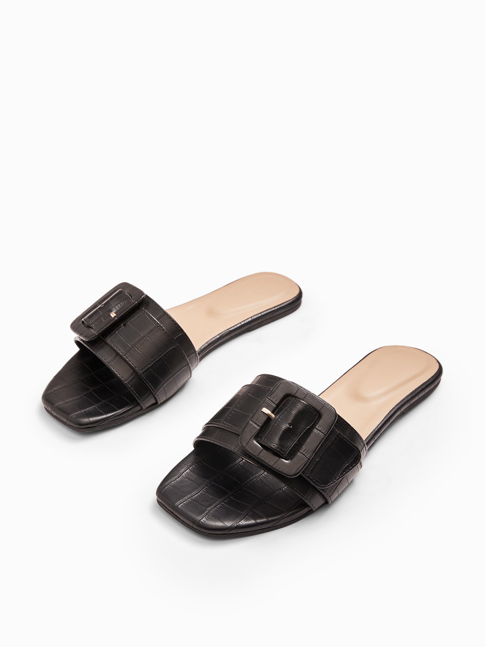 Black Textured Buckle Flats