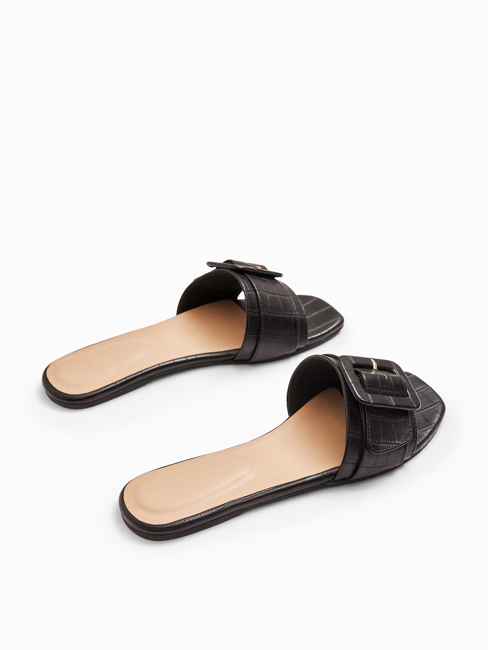 Black Textured Buckle Flats