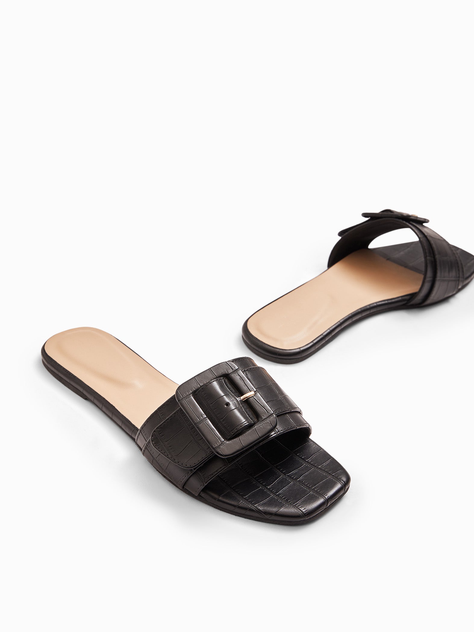 Black Textured Buckle Flats