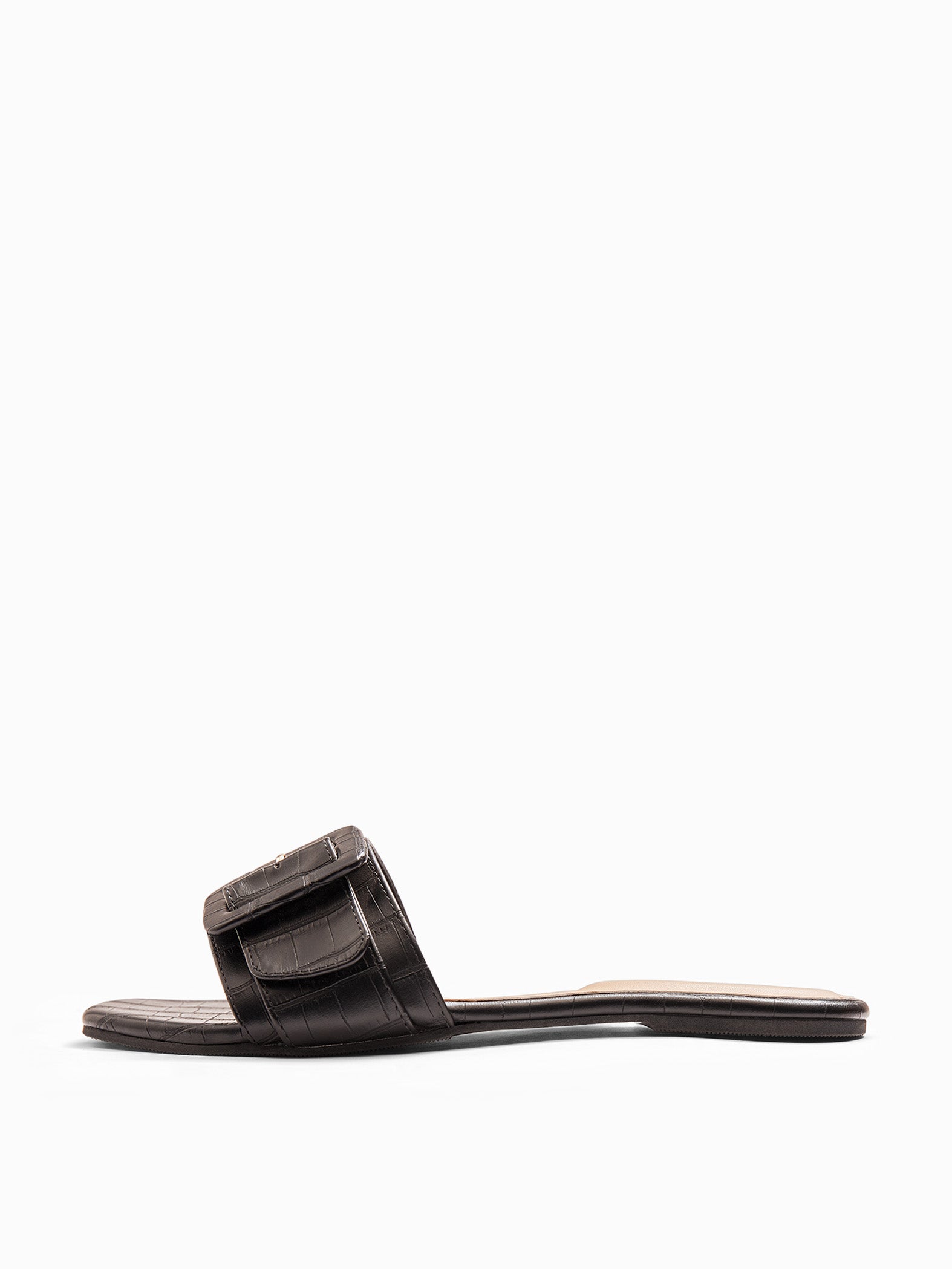 Black Textured Buckle Flats
