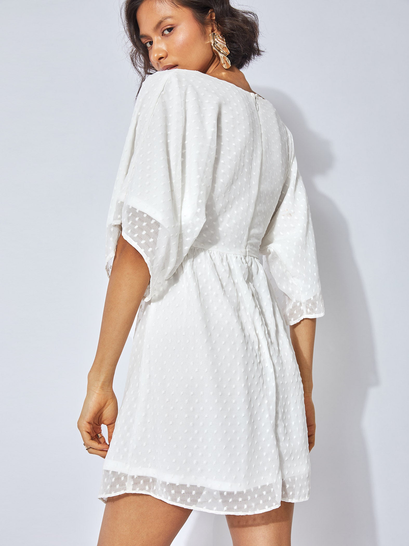 White Dotted Dolman Sleeve Dress