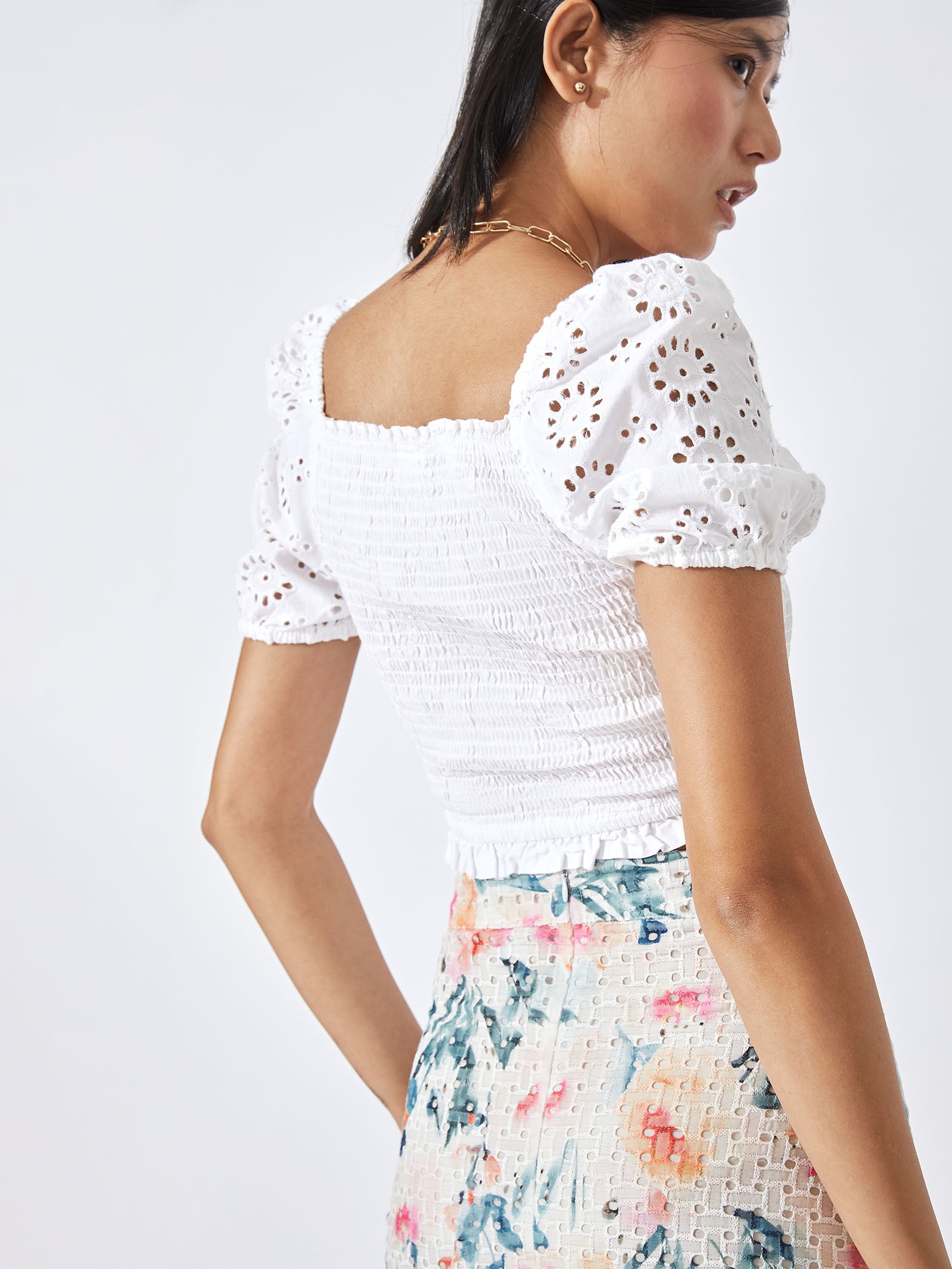 White Smocked Schiffli Crop Top