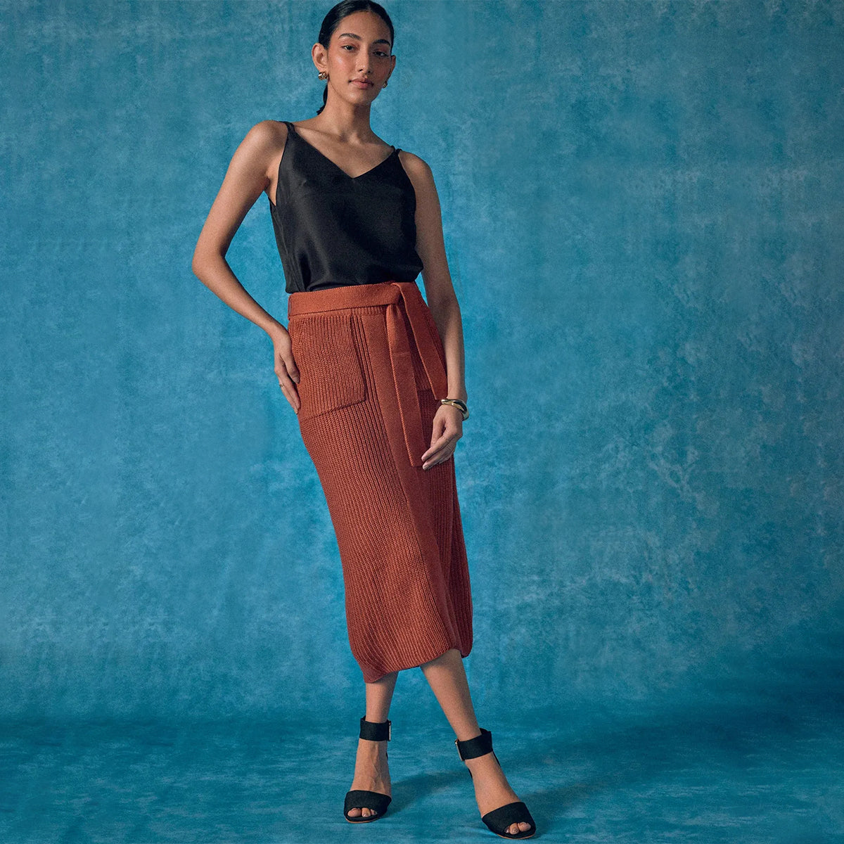 Rust Front-Tie Wrap Knit Skirt – The Label Life
