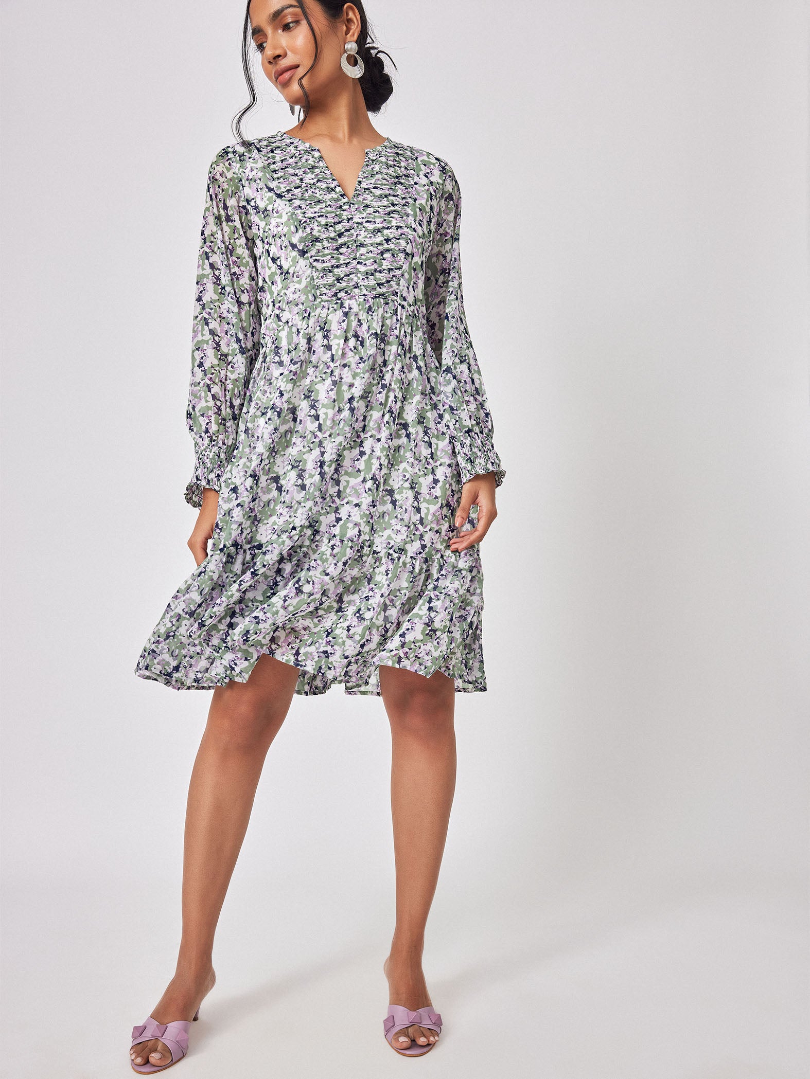 Abstract Floral Print Drop Waist Dress