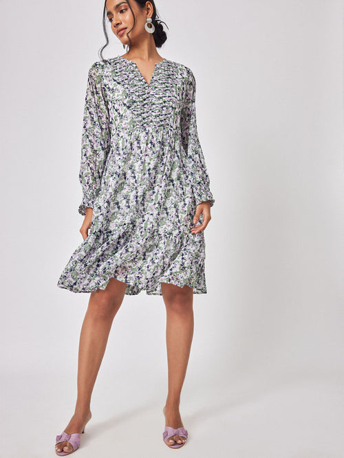 Abstract Floral Print Drop Waist Dress