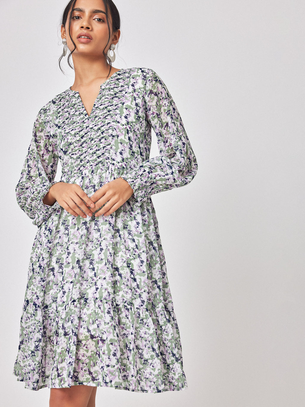 Abstract Floral Print Drop Waist Dress