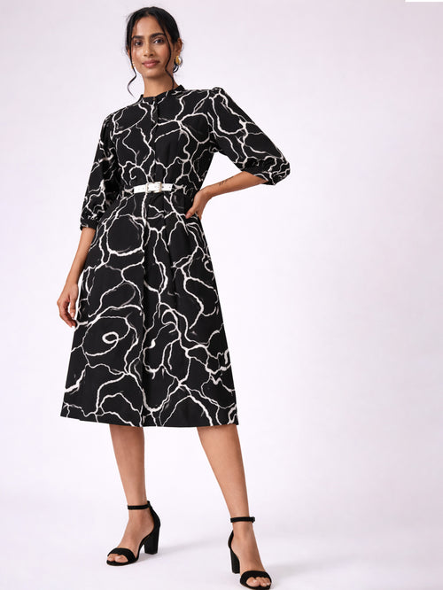 Abstract Print Belted Dress