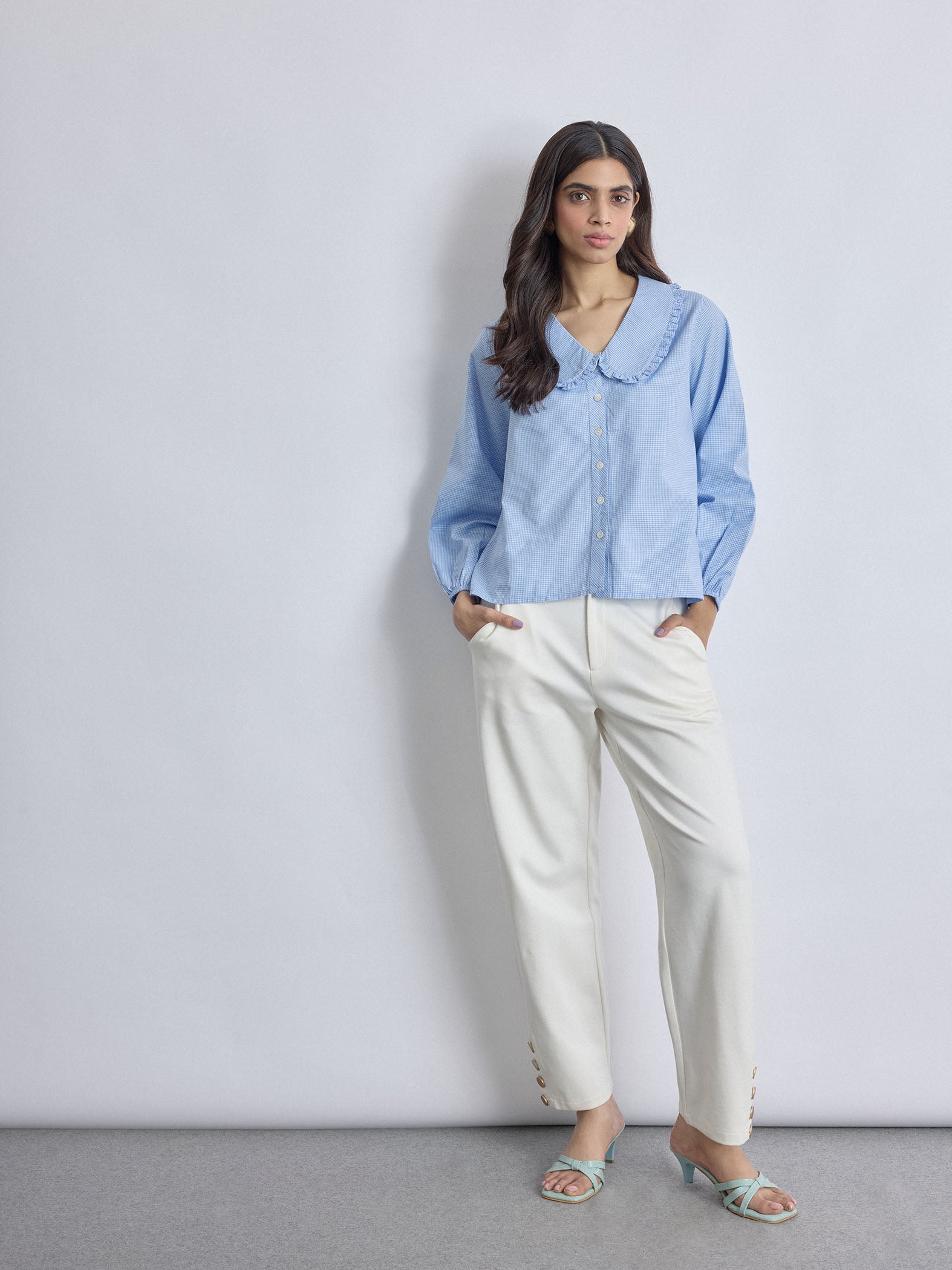 Aqua Gingham Peter Pan Collar Top