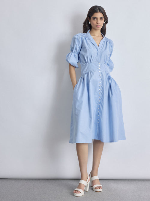 Aqua Gingham Puff Sleeve Dress