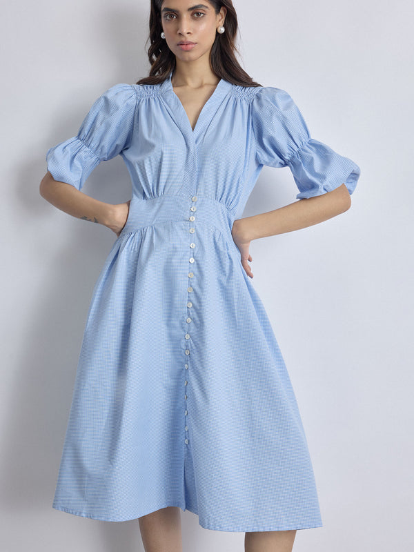 Aqua Gingham Puff Sleeve Dress