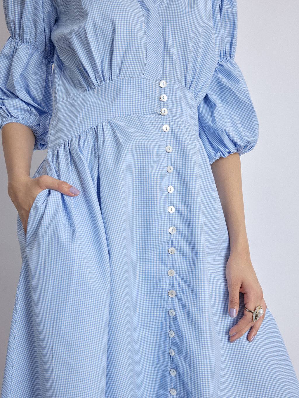 Aqua Gingham Puff Sleeve Dress