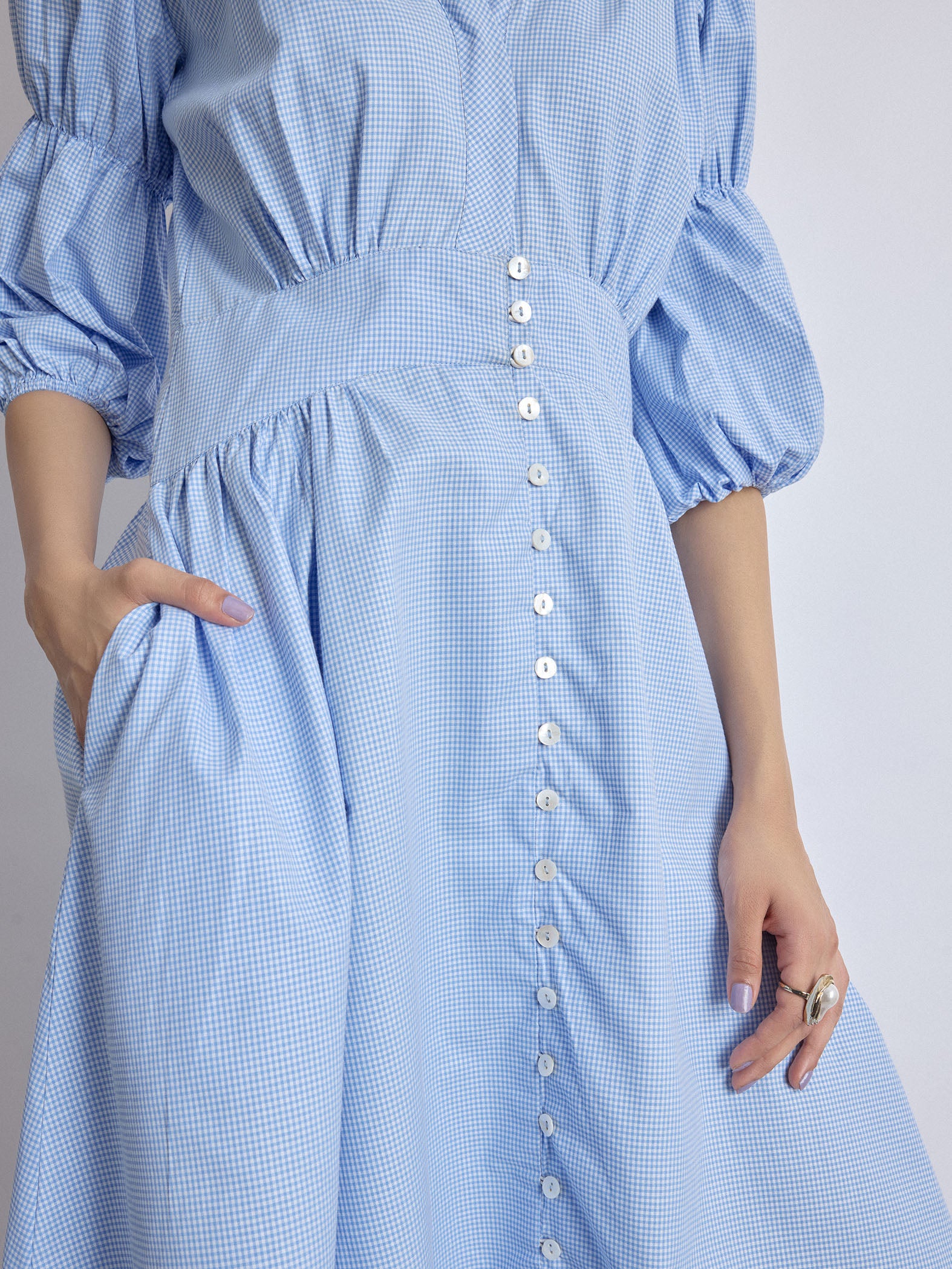 Aqua Gingham Puff Sleeve Dress