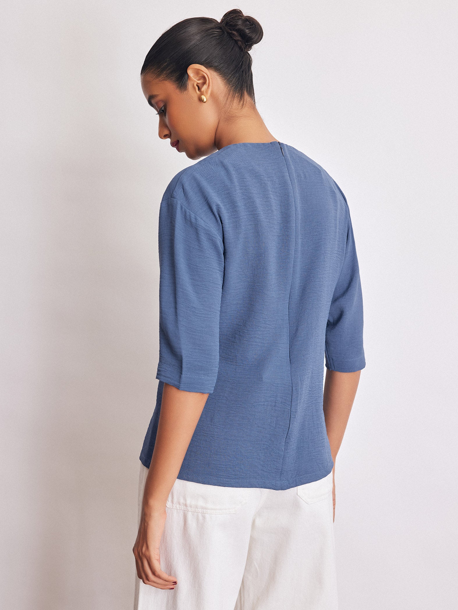 Azure Brooch Detail Pleated Top