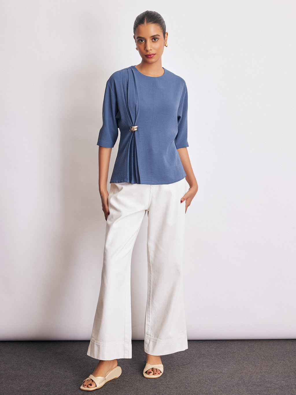 Azure Brooch Detail Pleated Top