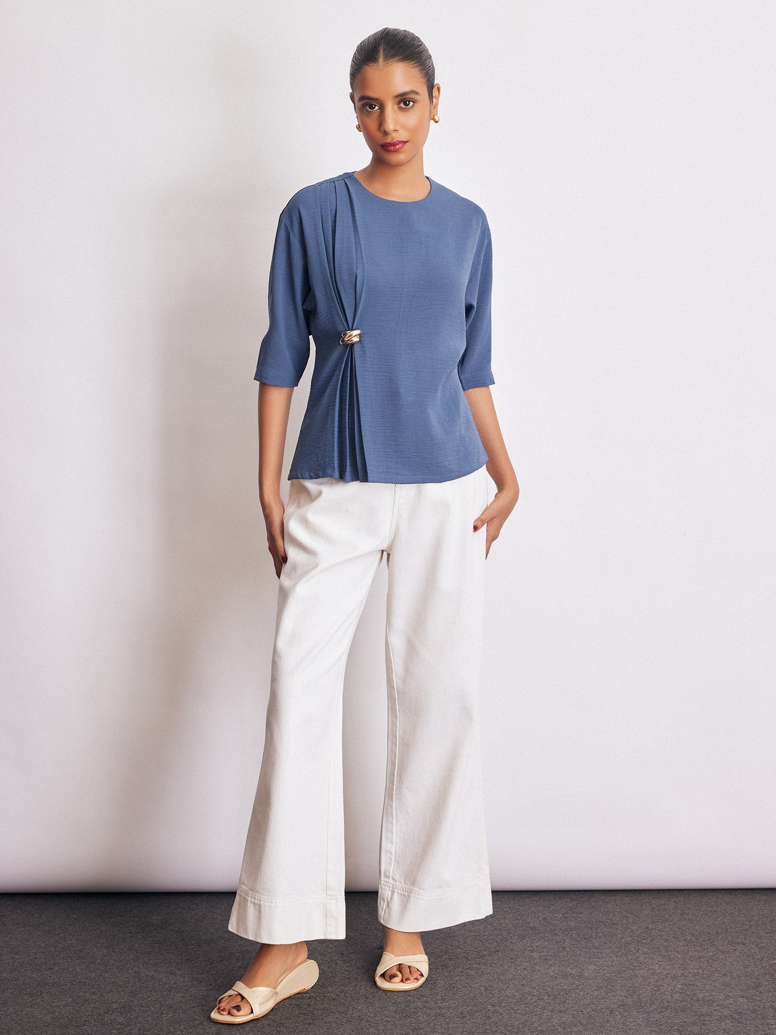 Azure Brooch Detail Pleated Top