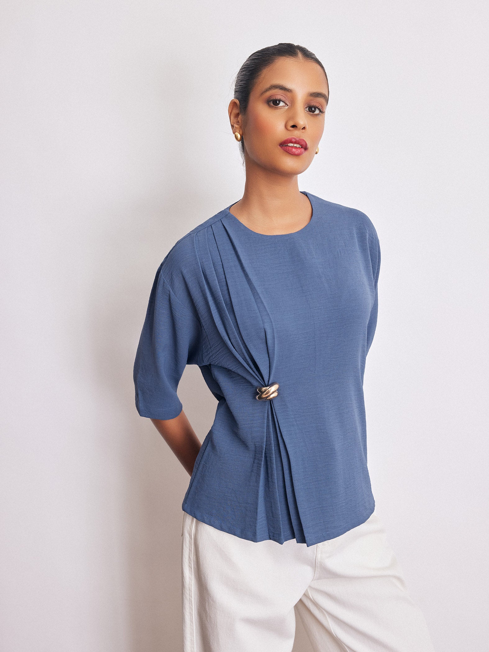 Azure Brooch Detail Pleated Top
