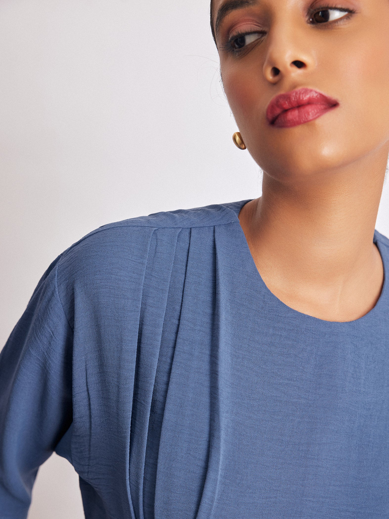 Azure Brooch Detail Pleated Top