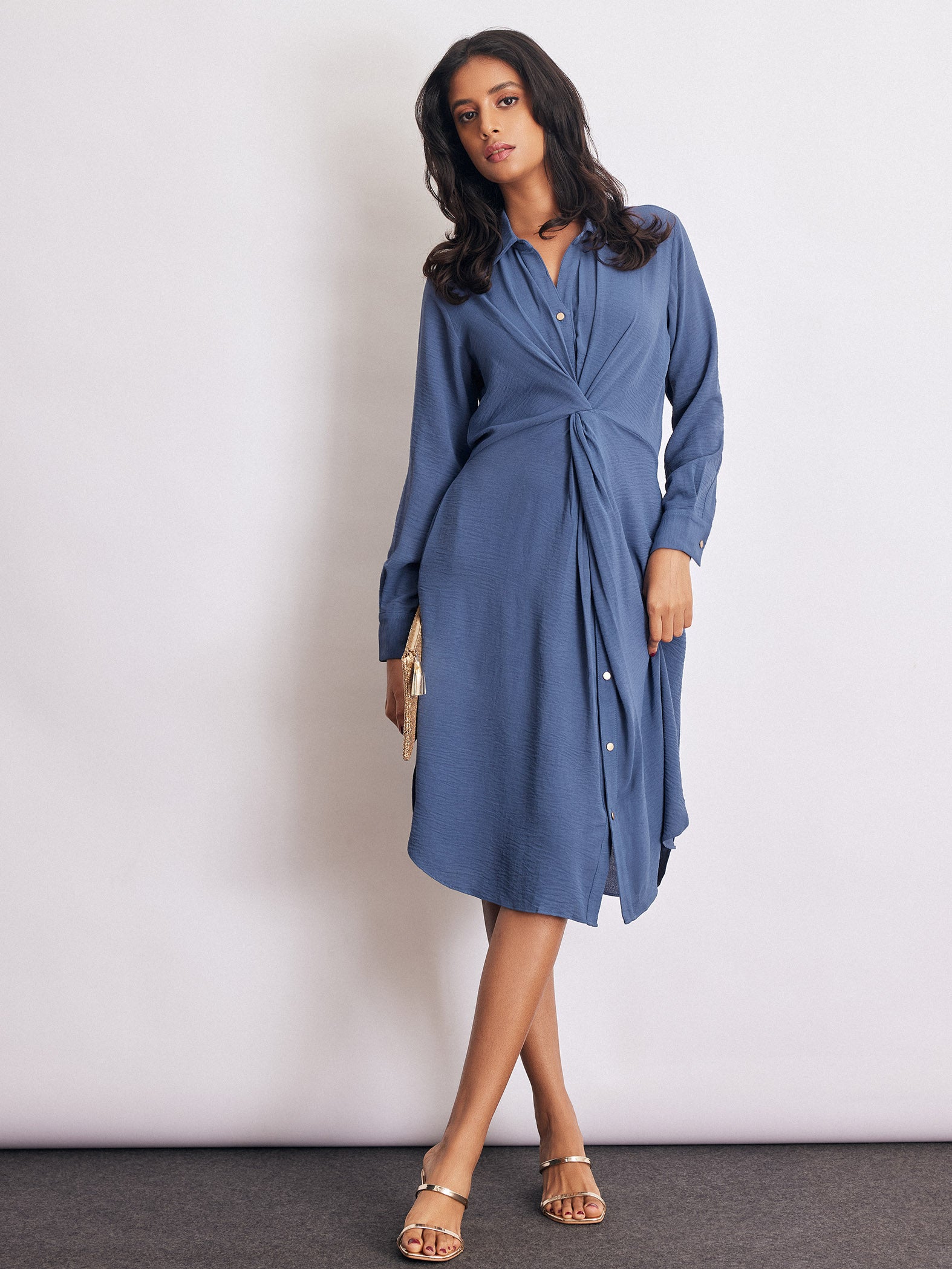 Azure Twist Front Midi Dress