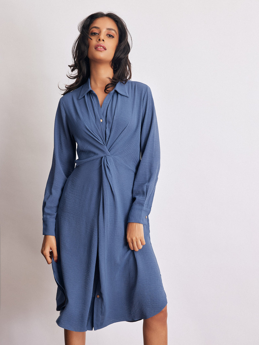 Azure Twist Front Midi Dress