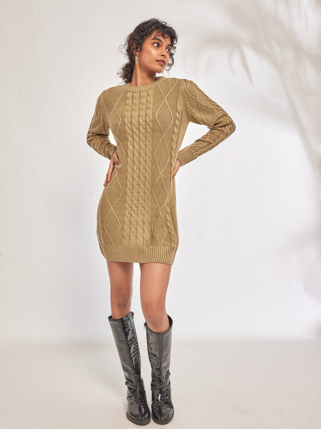 Beige Cable Knit Mini Dress