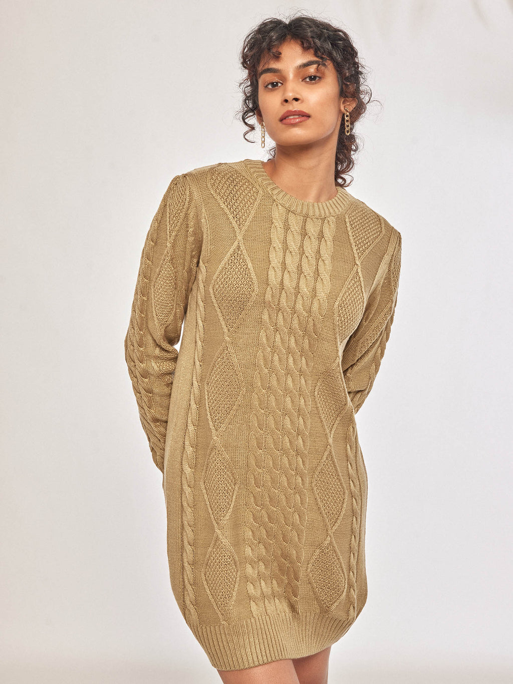 Beige Cable Knit Mini Dress