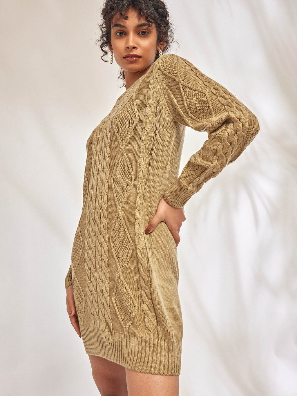 Beige Cable Knit Mini Dress