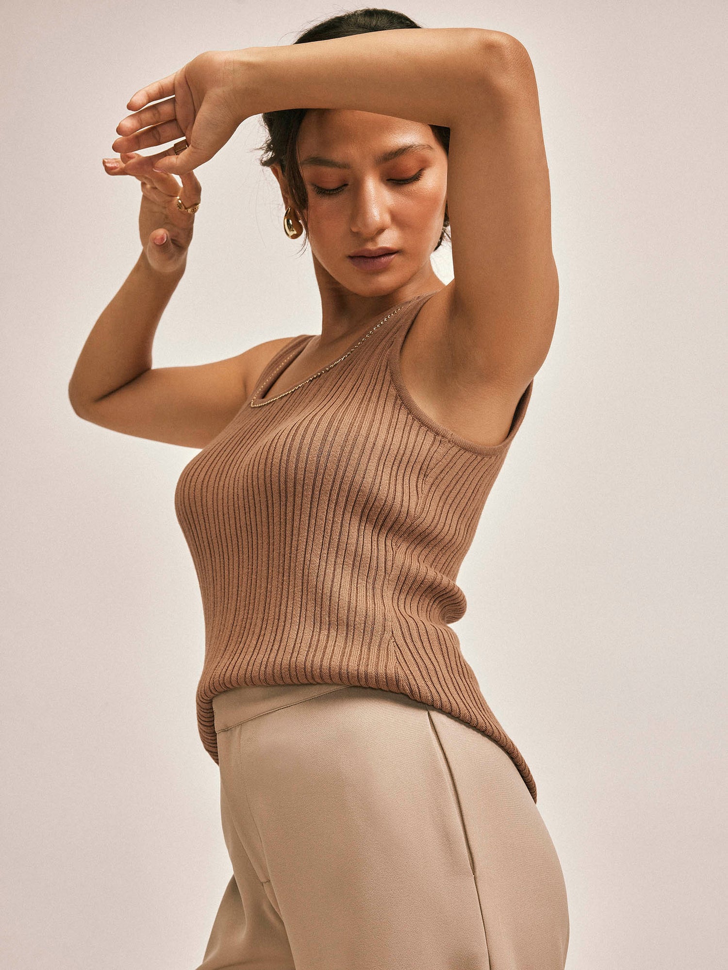 Beige Chain Detail Knit Tank