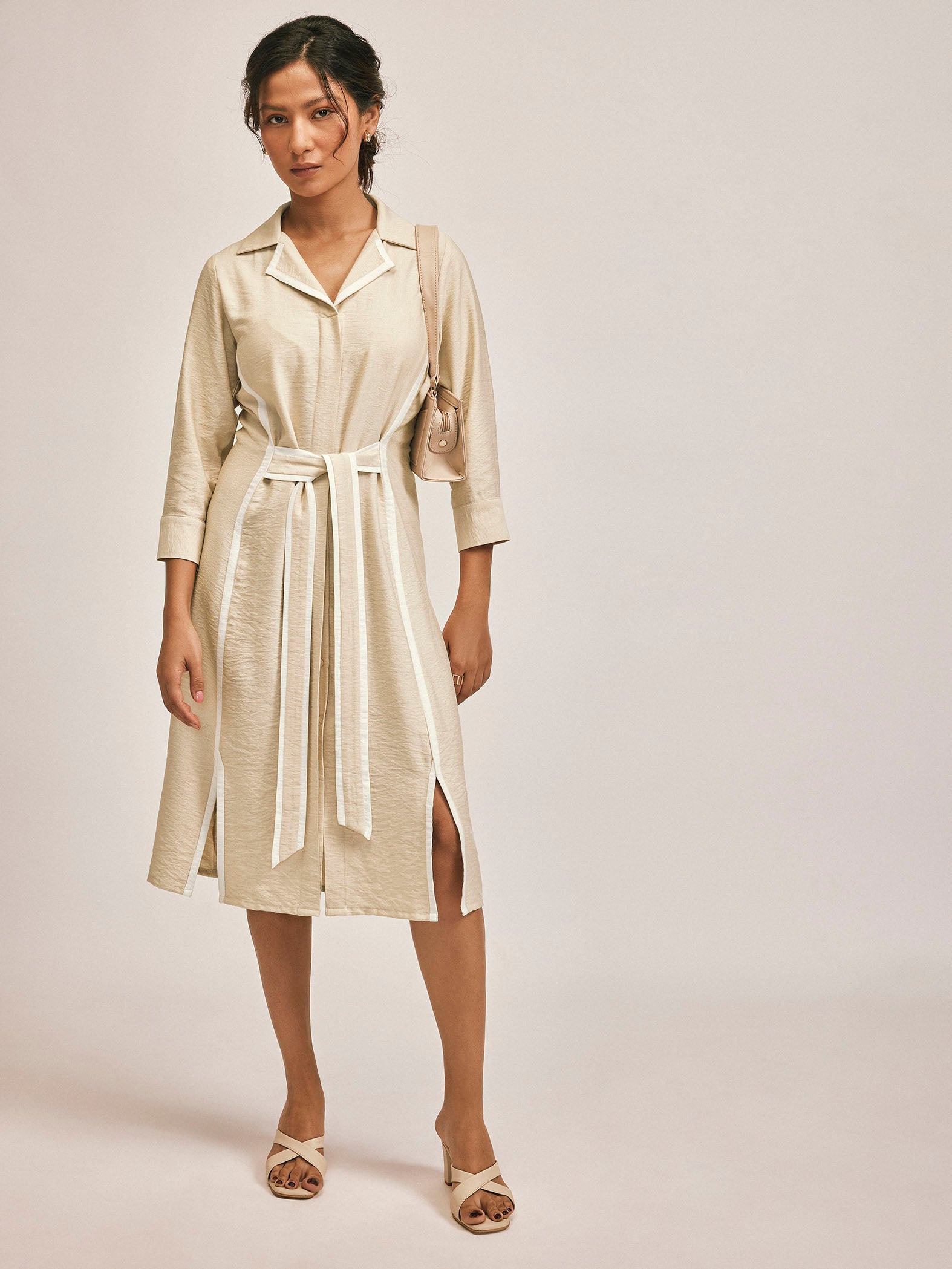 Beige Contrast Piping Shirt Dress