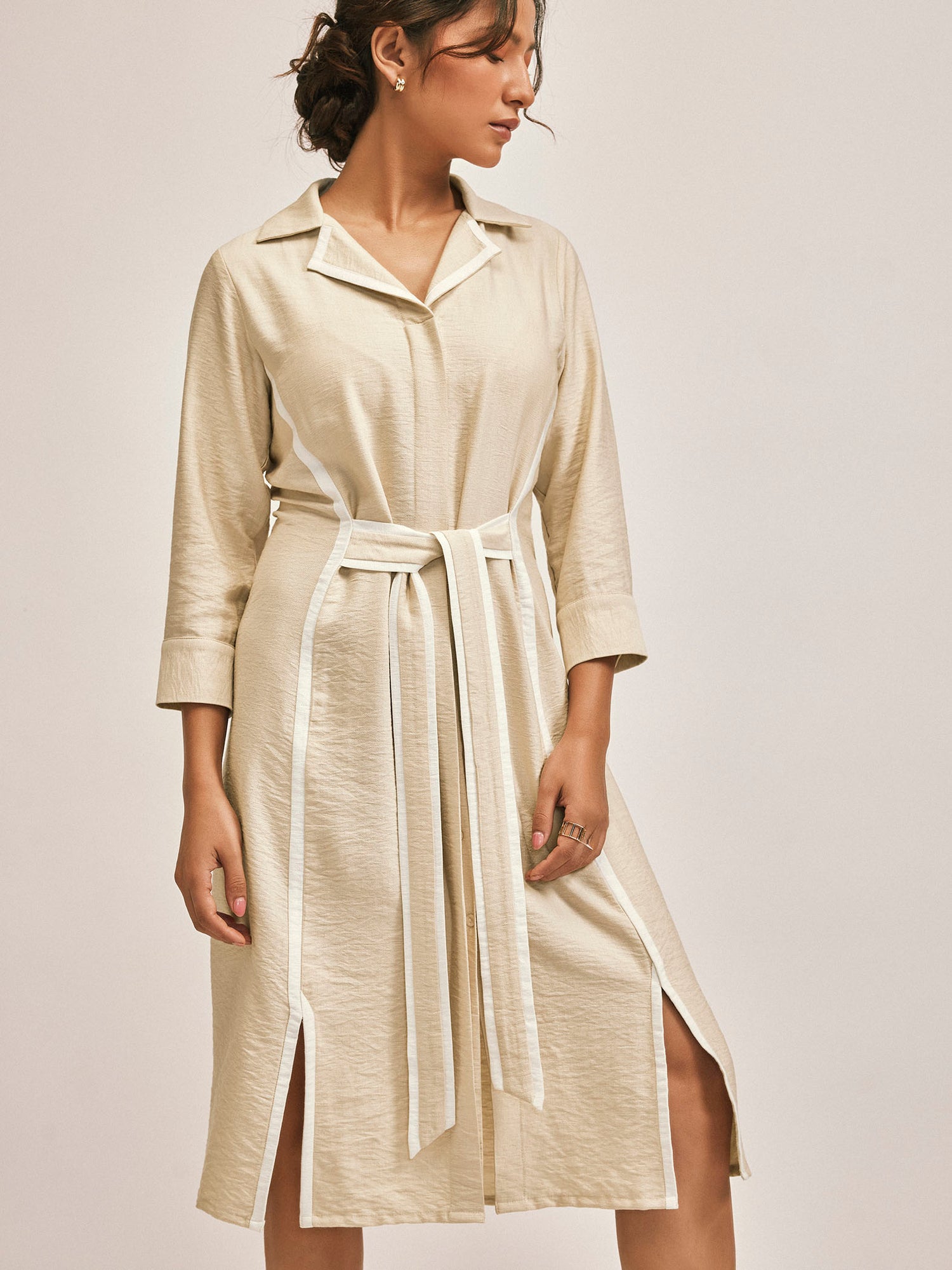 Beige Contrast Piping Shirt Dress