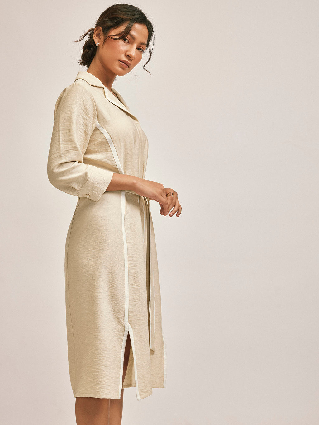 Beige Contrast Piping Shirt Dress