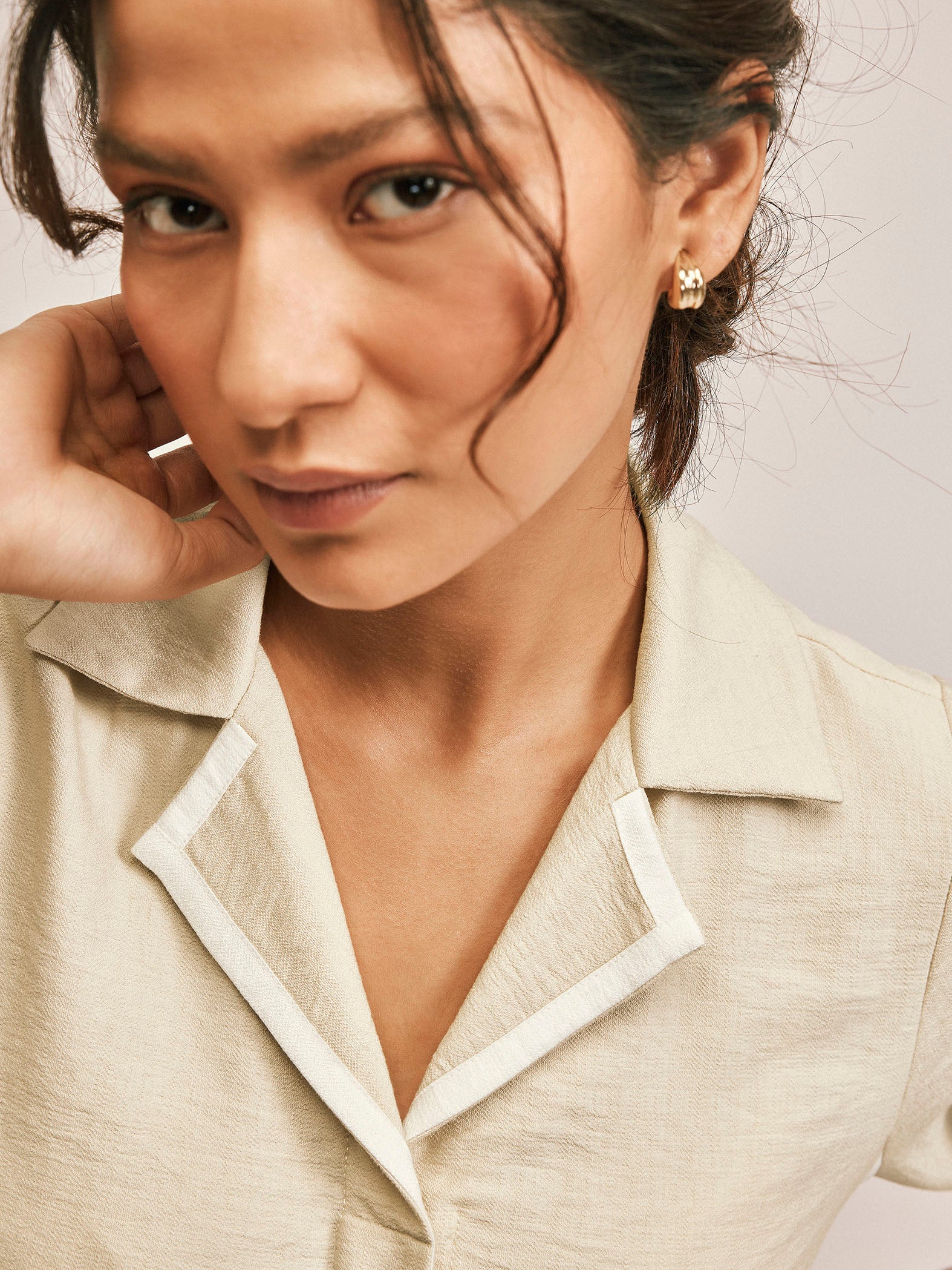 Beige Contrast Piping Shirt Dress