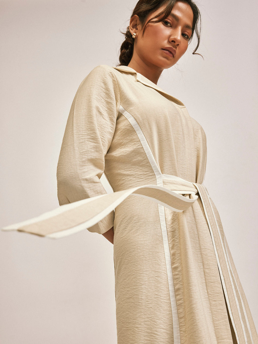 Beige Contrast Piping Shirt Dress