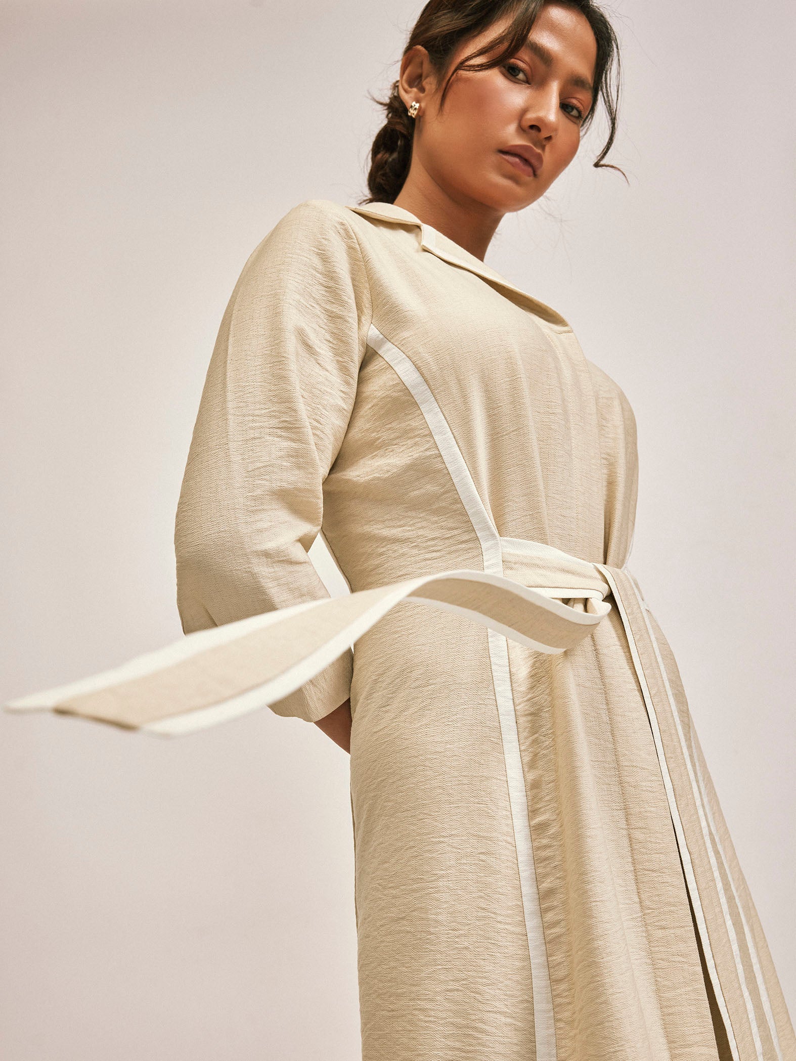 Beige Contrast Piping Shirt Dress