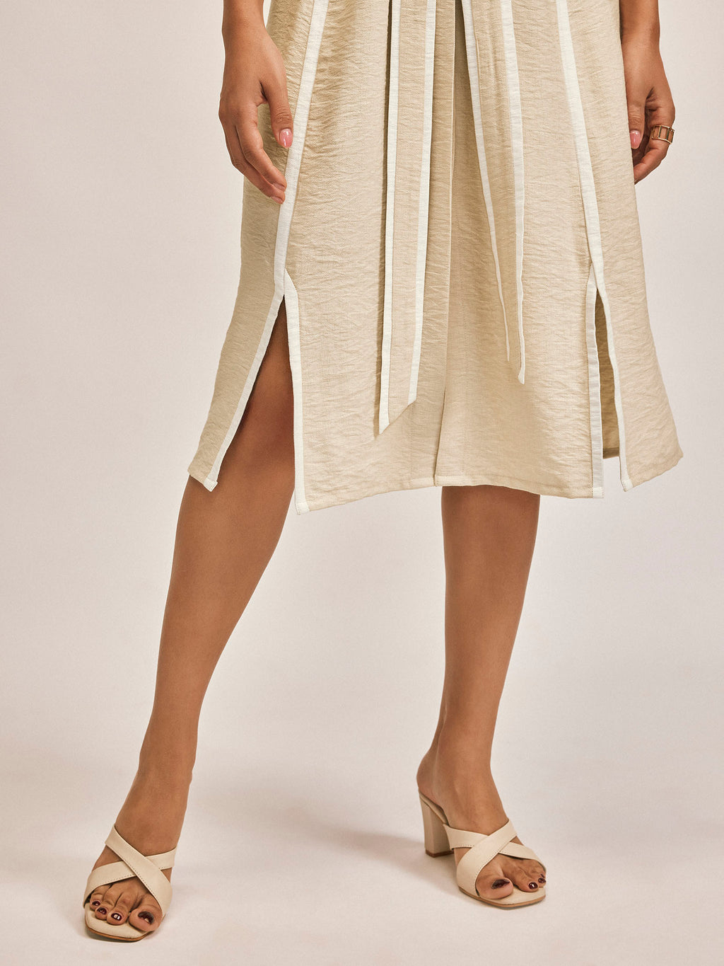 Beige Contrast Piping Shirt Dress