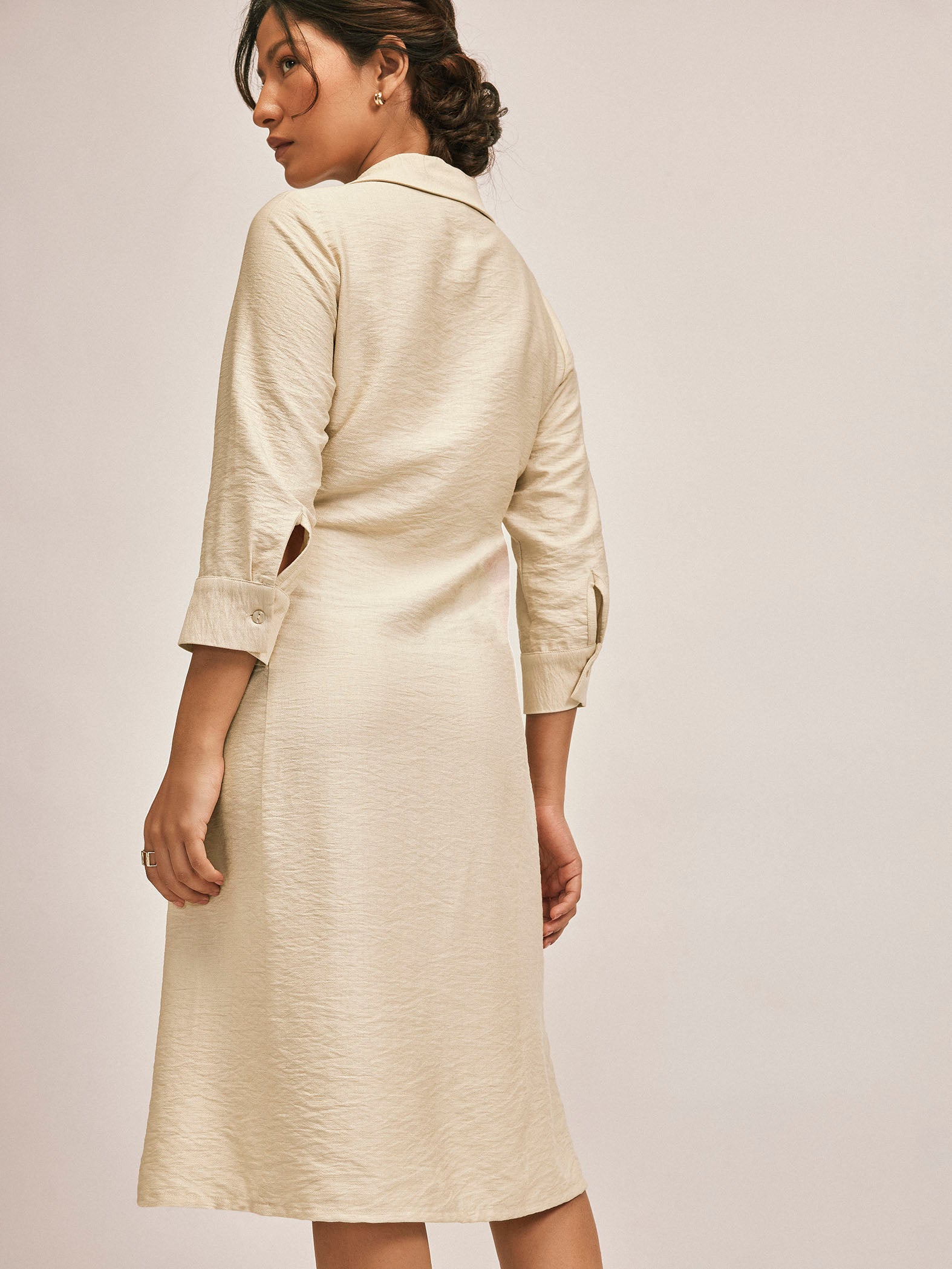 Beige Contrast Piping Shirt Dress