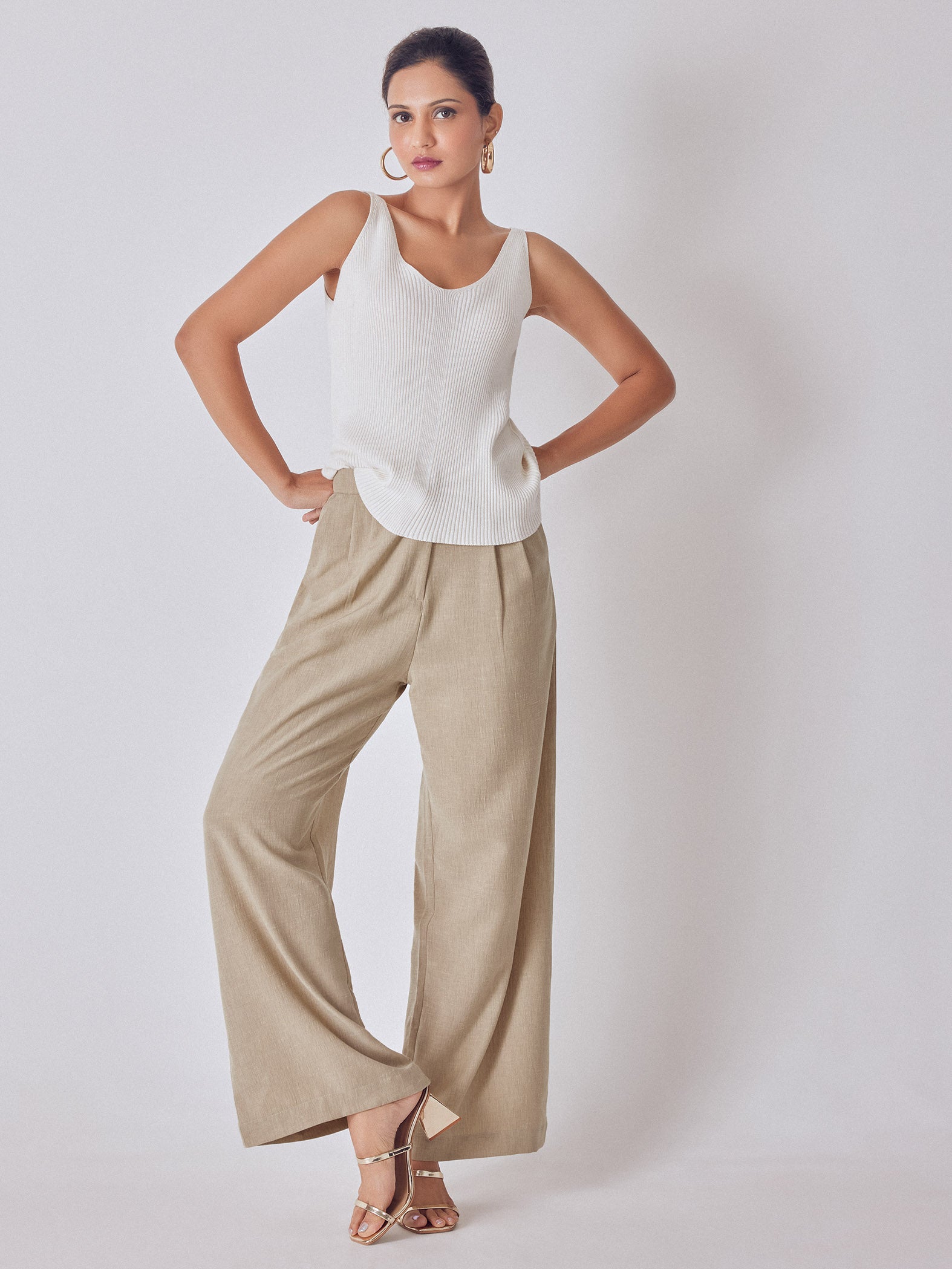 Beige High Waisted Pleated Pants